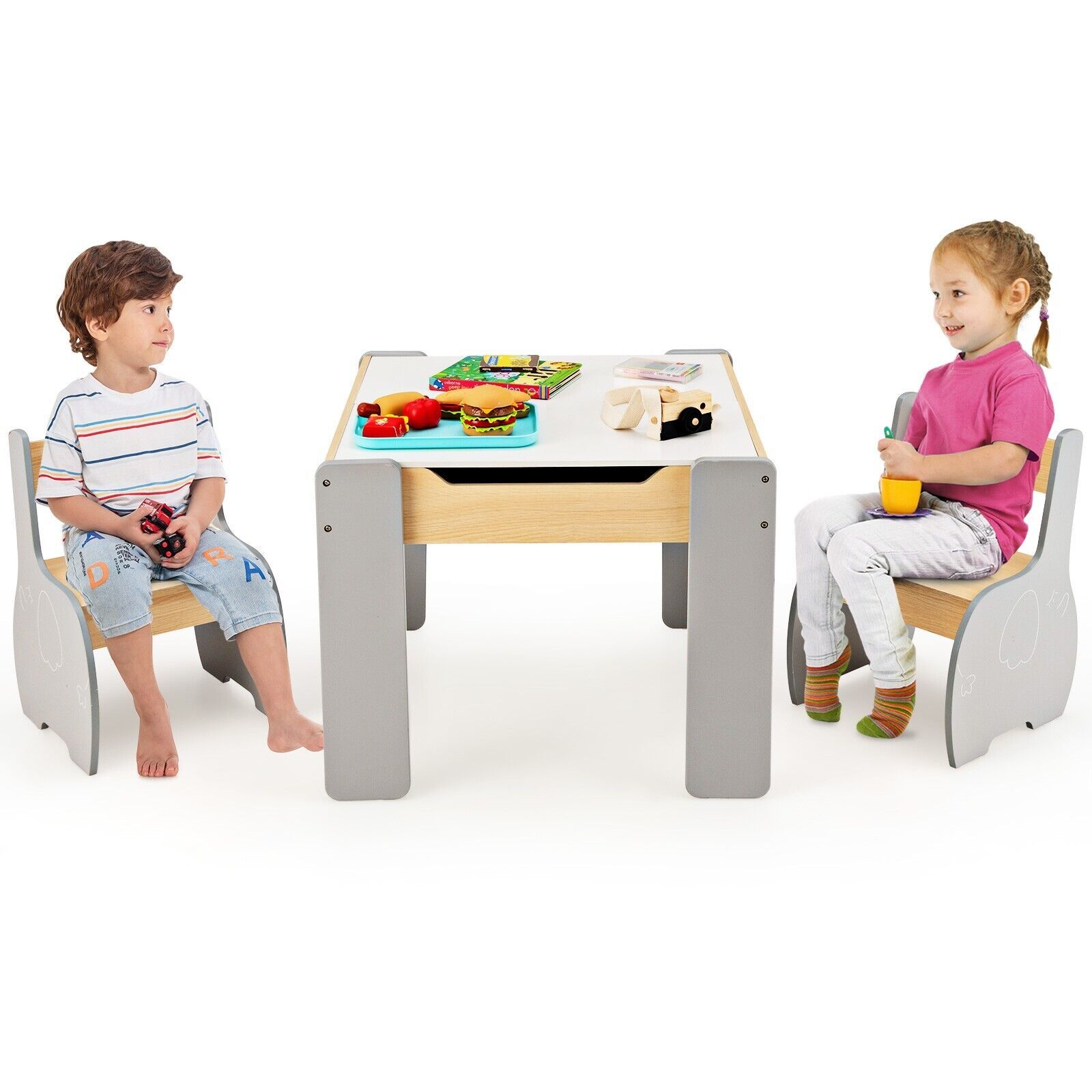 Costway 4 in 1 Activity Table & Chairs Wooden Furniture Set w/ Storage in Grey