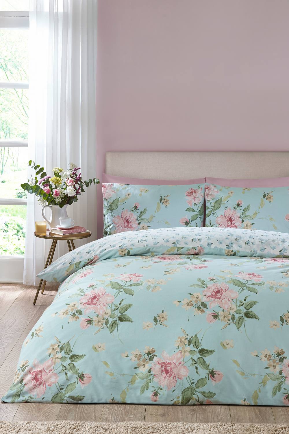 Catherine Lansfield 'Avebury Floral' Reversible Duvet Cover Set in Duck Egg Blue