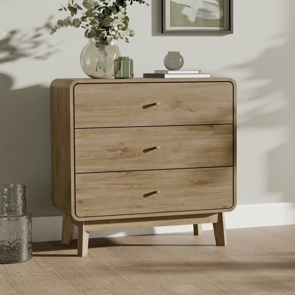 Ingrid - 3 Drawer Chest of Drawers - Light Oak - Wooden - Happy Beds