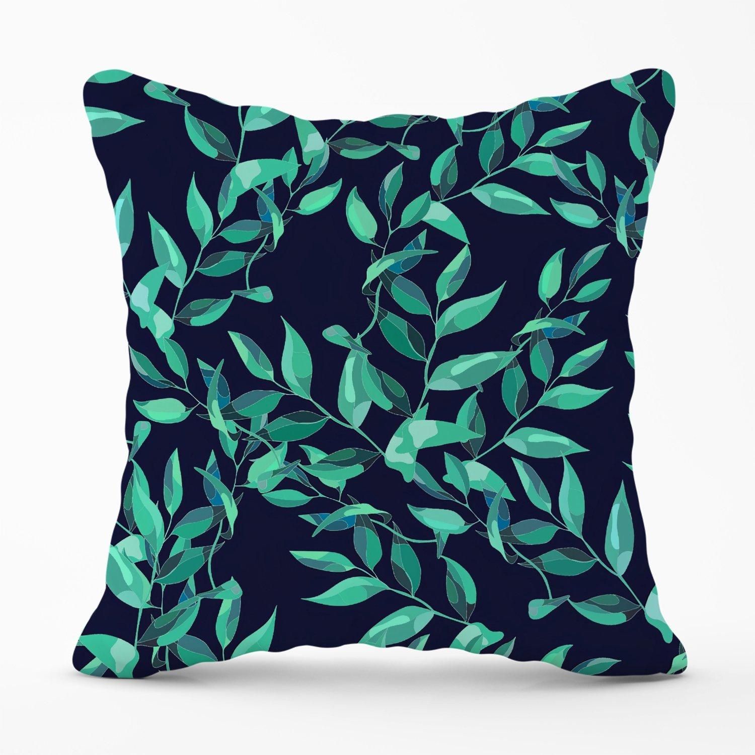 Warren Reed - Designer Delicate Green Foliage Outdoor Cushion in Blue