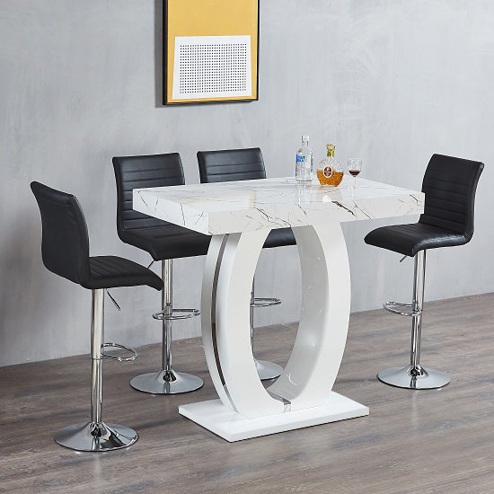 Halo Shiny Vida Marble Effect Bar Table 4 Ripple Black Stools