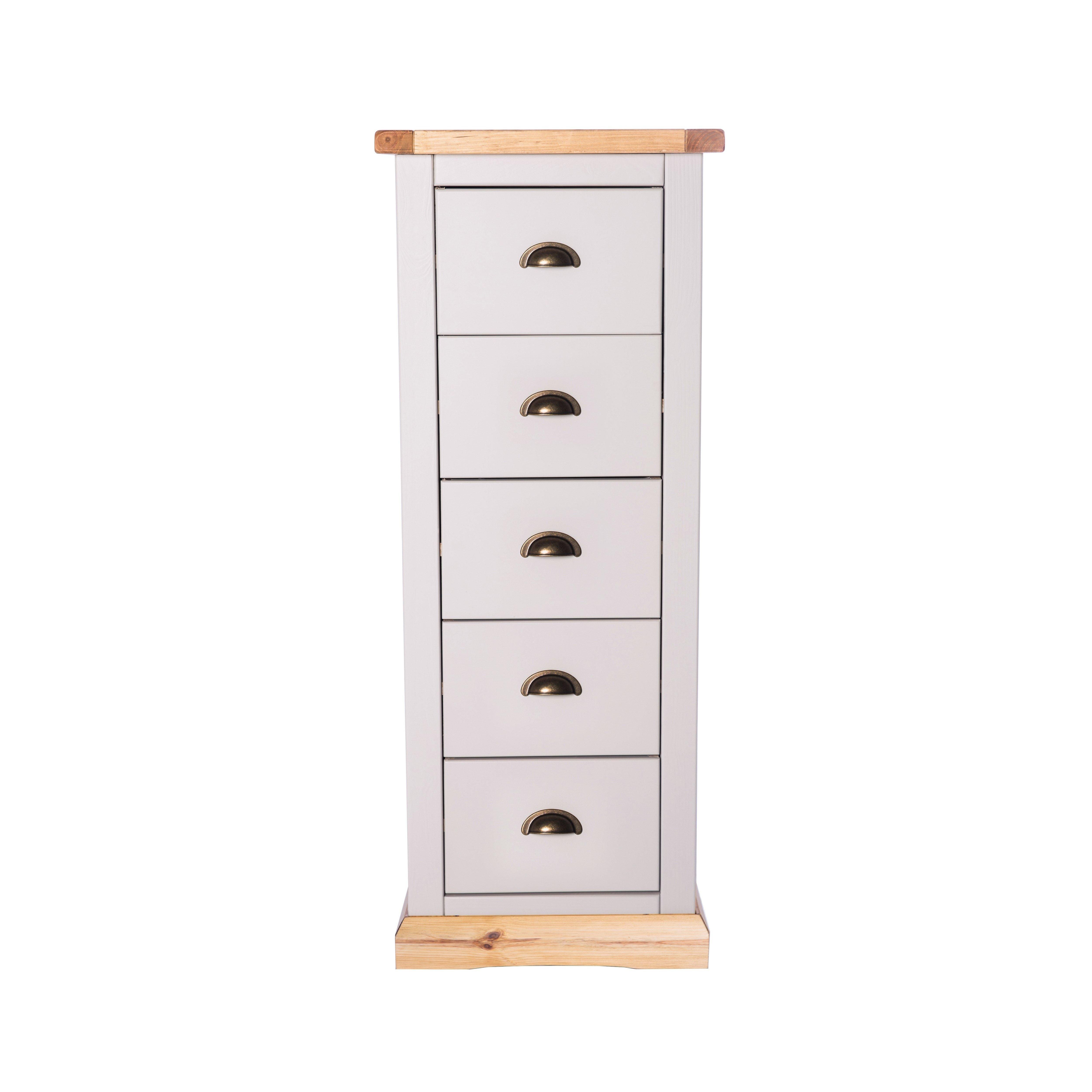 Cabinet Bits Bomporto 5 Drawer Narrow Chest of Drawers Brass Cup Handle in Light Grey