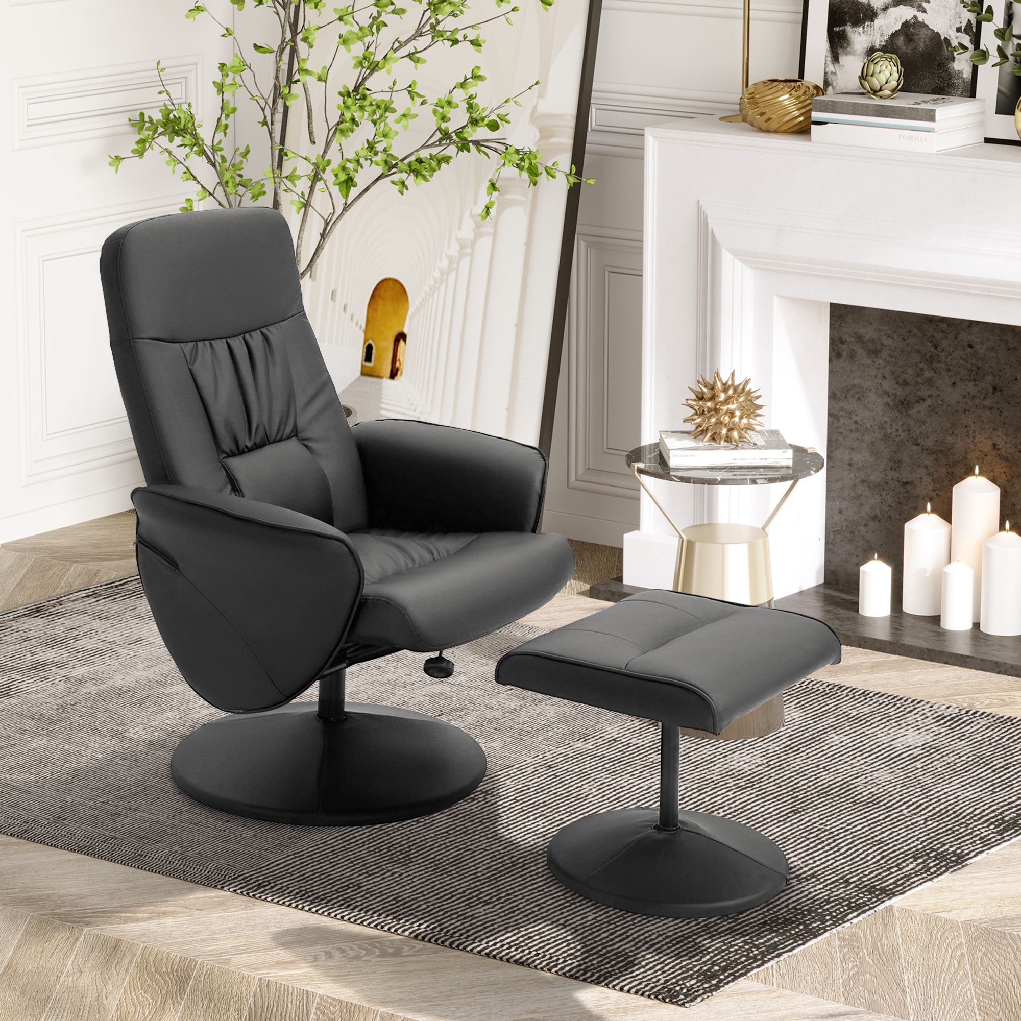 HOMCOM 2 Pcs Reclining Armchair Ottoman 360° Swivel Home Furniture PU Leather in Black