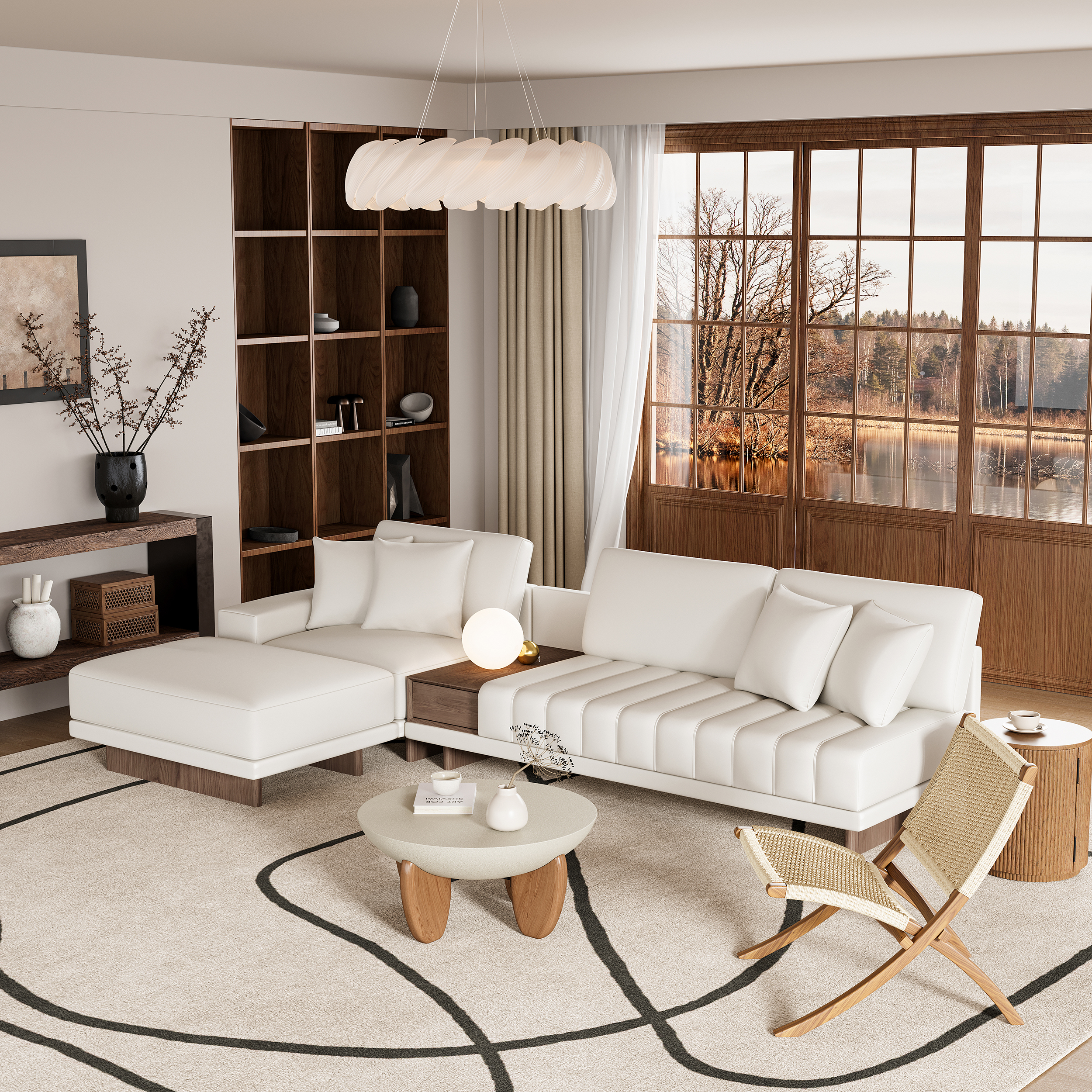Modular Leather Sectional Sofa Set with Concrete Coffee Table