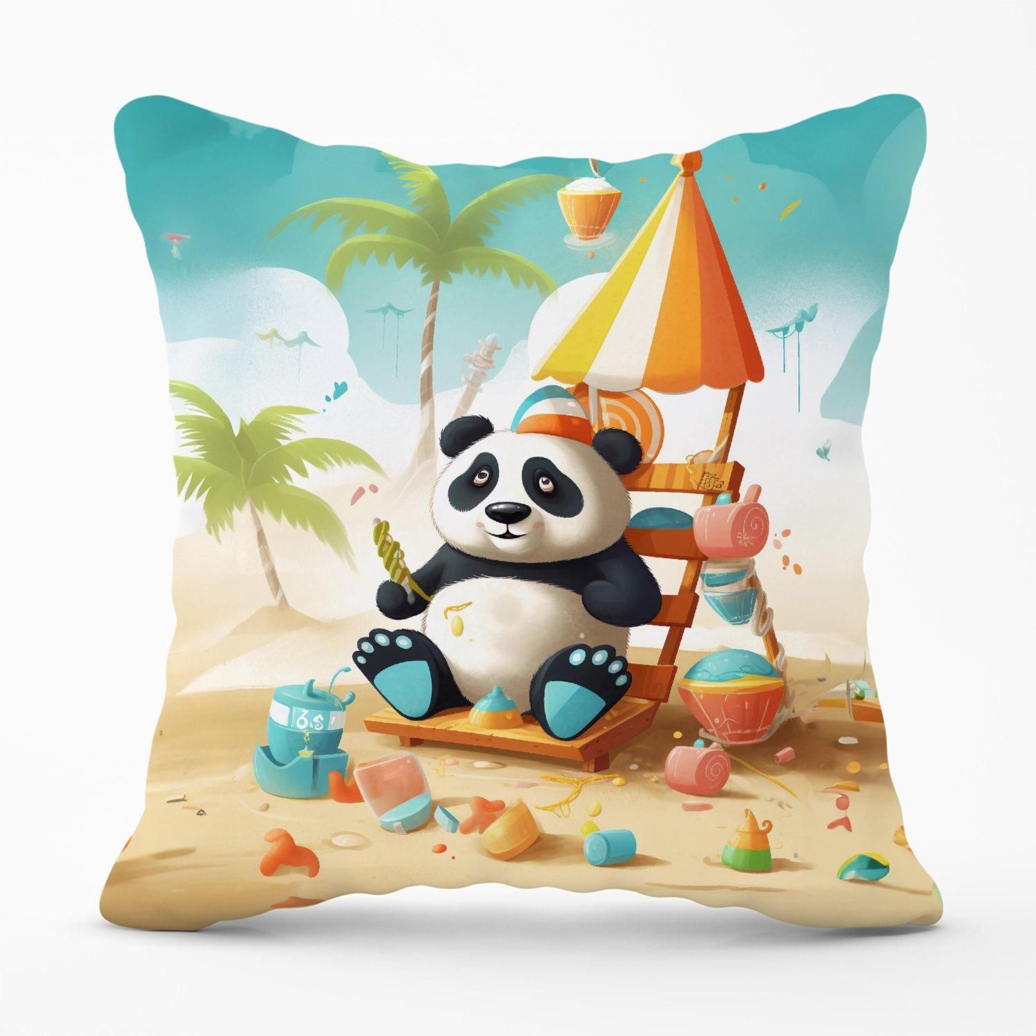 Warren Reed - Designer Happy Panda On A Beach Holiday Outdoor Cushion in Yellow