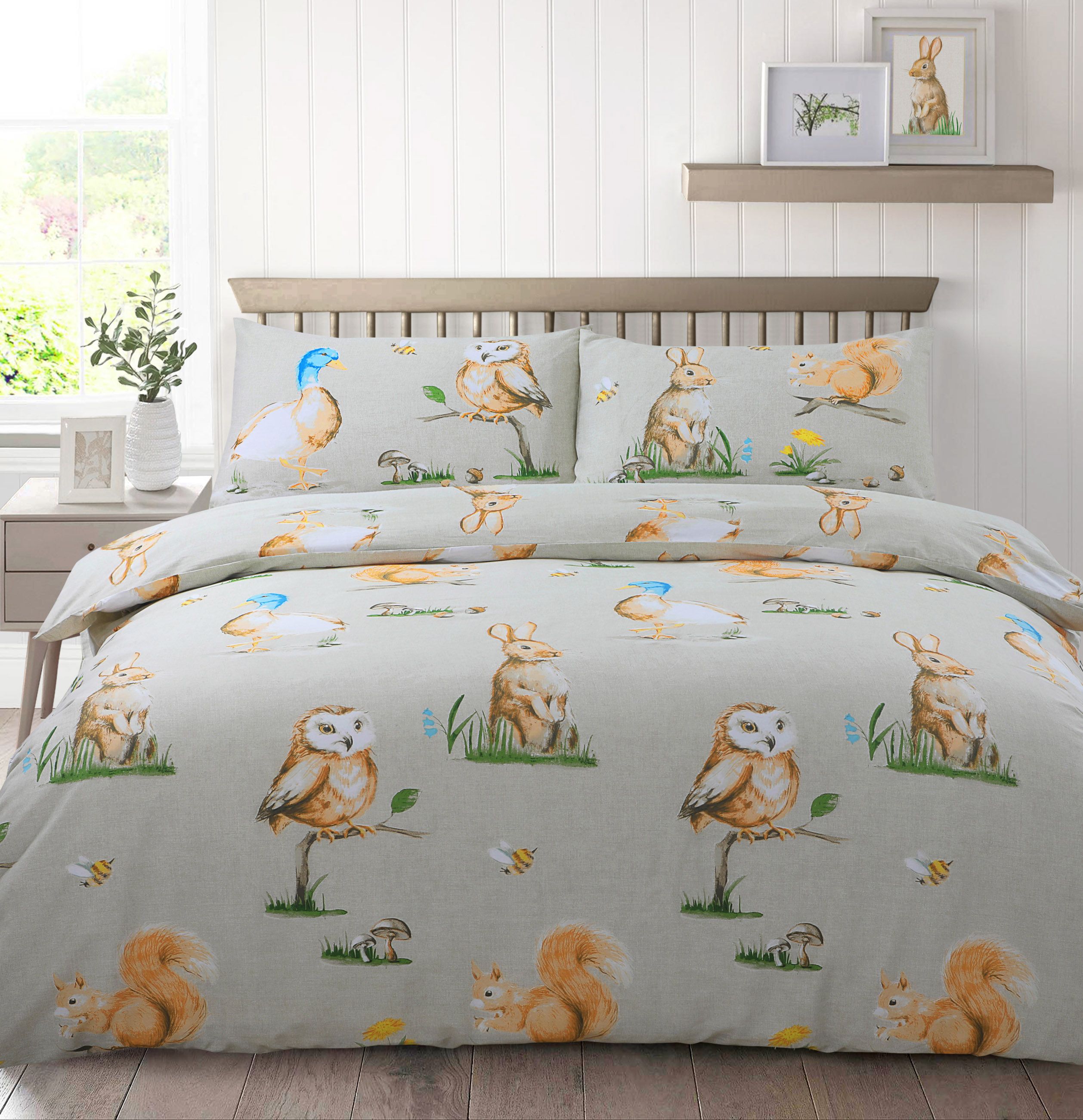 Velosso Country Animals Cotton Rich Printed Duvet Cover & Pillowcase Set in Grey