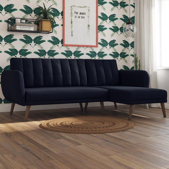Brittany Linen Sectional Sofa Bed In Navy Blue With Wooden Legs