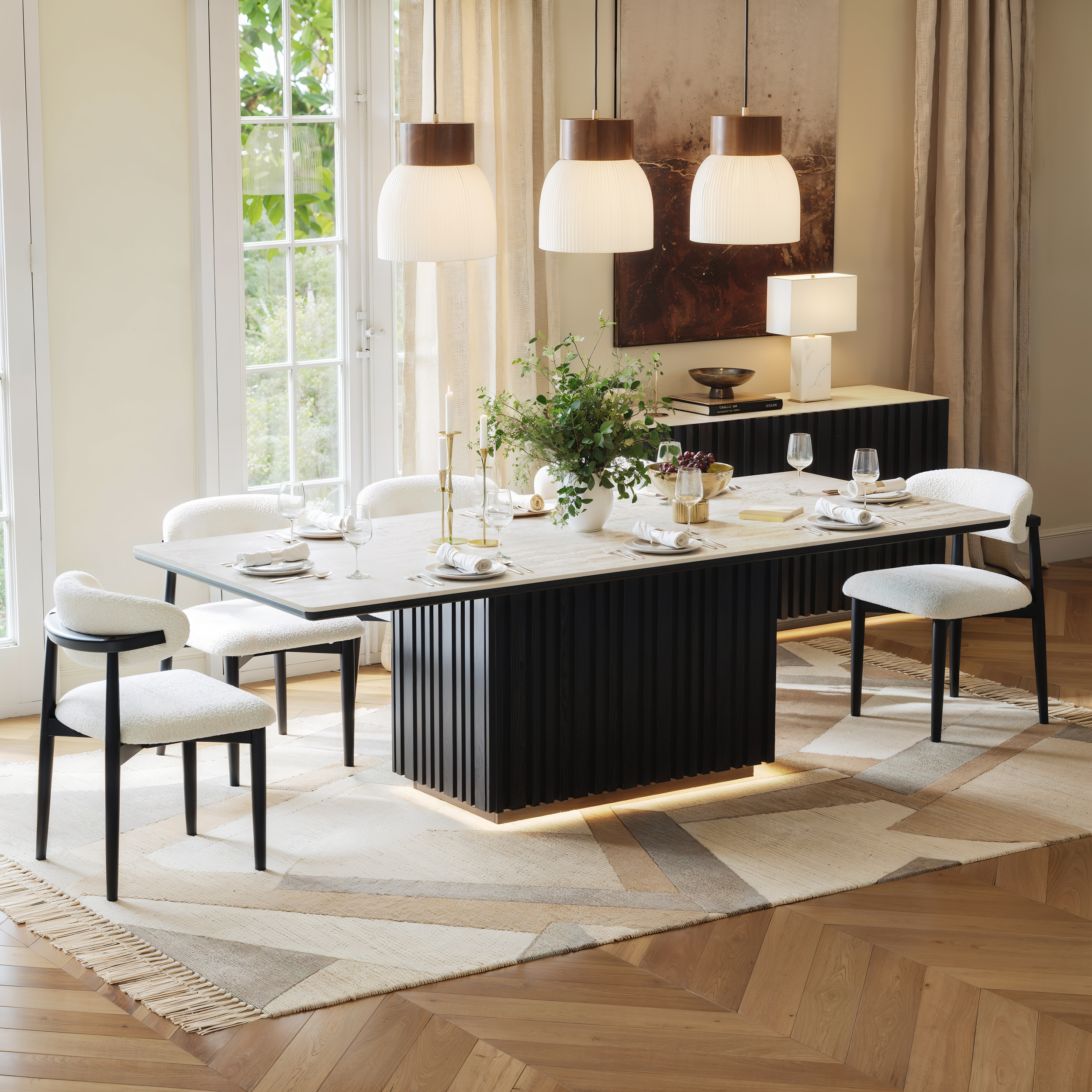 214cm Faux Travertine Rectangular Dining Table with Sintered Stone Top, Seats 8