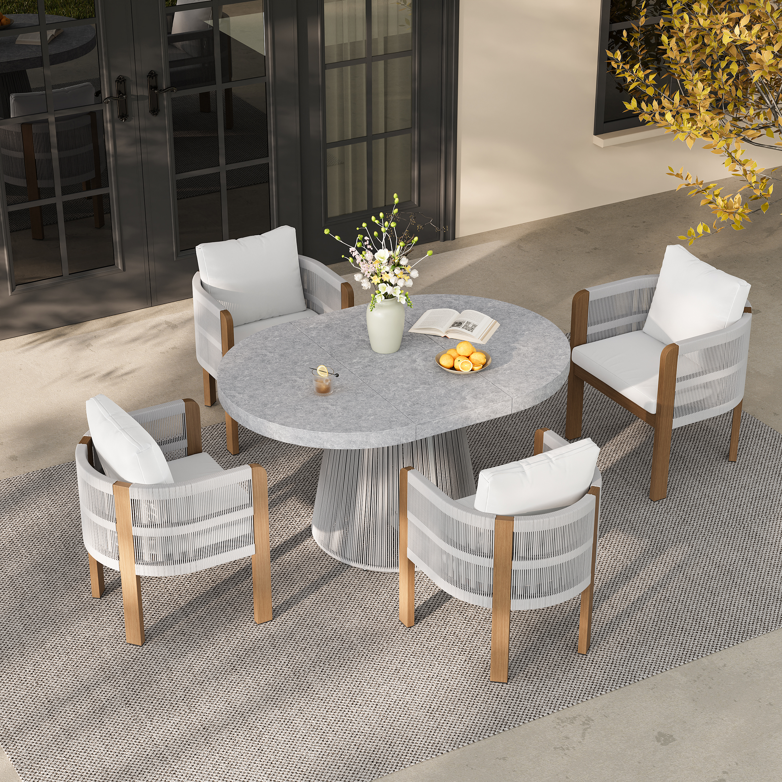 5 PCS Extendable Patio Outdoor Dining Set with 4 Chairs Exterior Furniture for 4 Person in White Cushion & Pillow Included