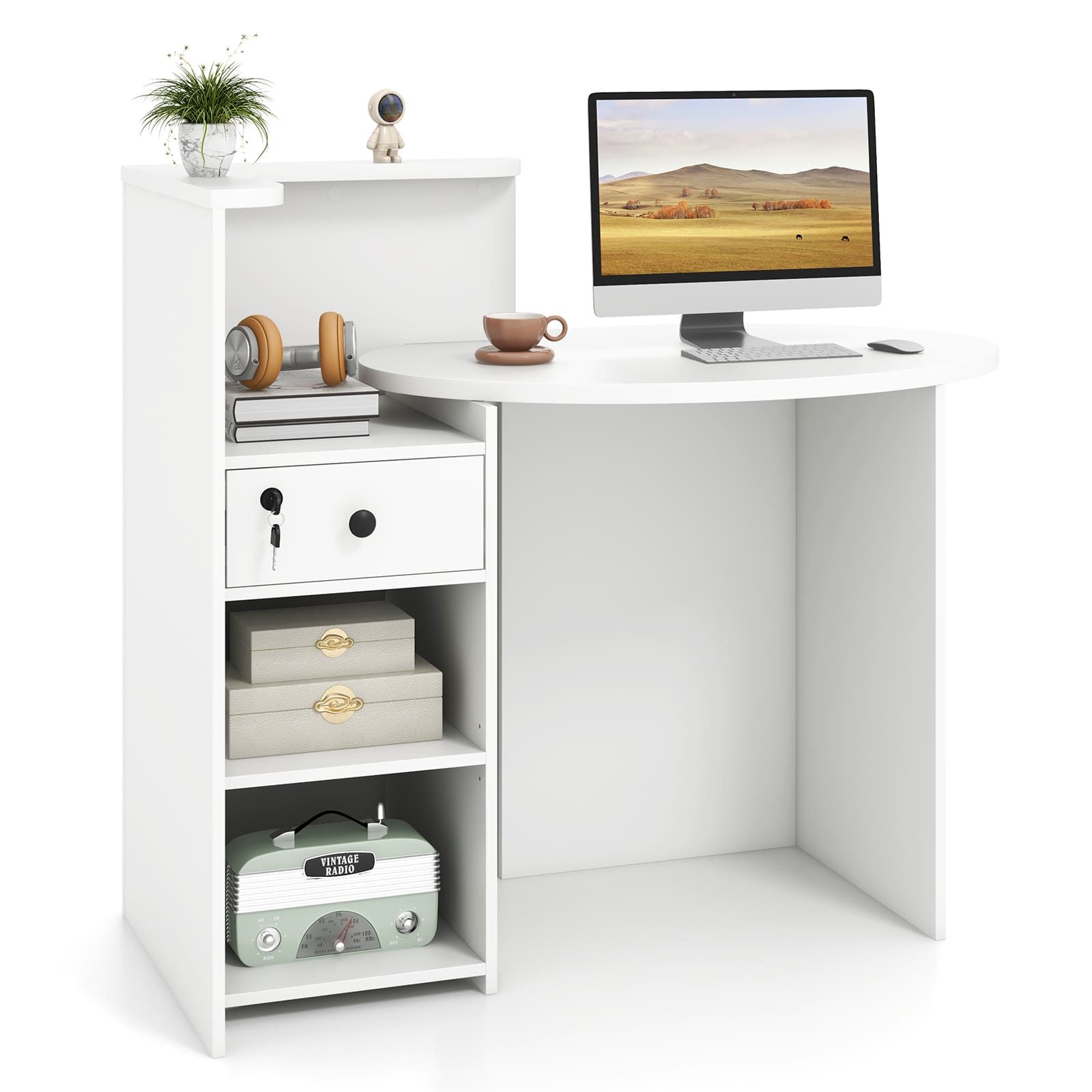 Costway Corner Front Reception Counter Desk with Lockable Drawer in White