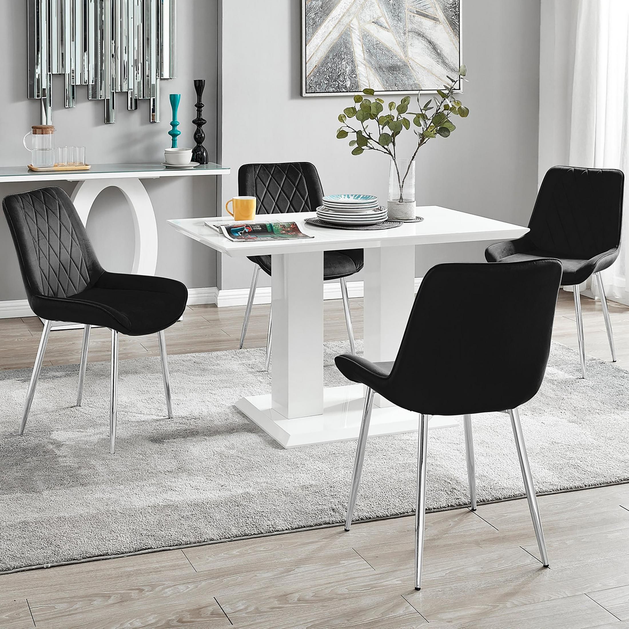 FurnitureboxUK Imperia 4 Seater Modern White High Gloss Rectangular Dining Table & 4 Persaro Velvet Chairs in Black