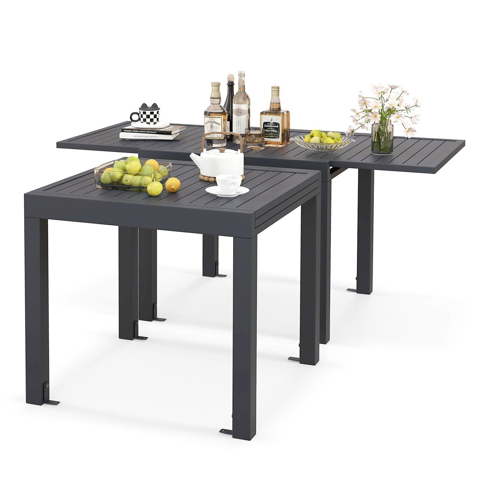 Costway 80 160cm Expandable Patio Dining Table Outdoor Rectangular Aluminum Table for 4 6 Person in Grey