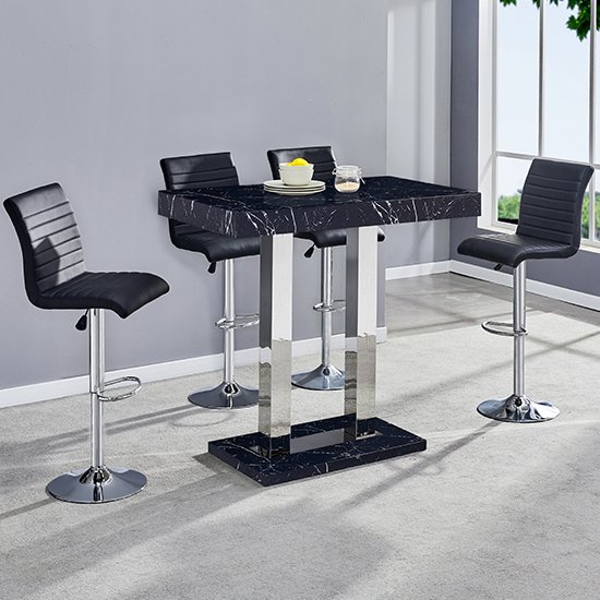 Milano Marble Effect Gloss Bar Table 4 Ripple Black Bar Stool