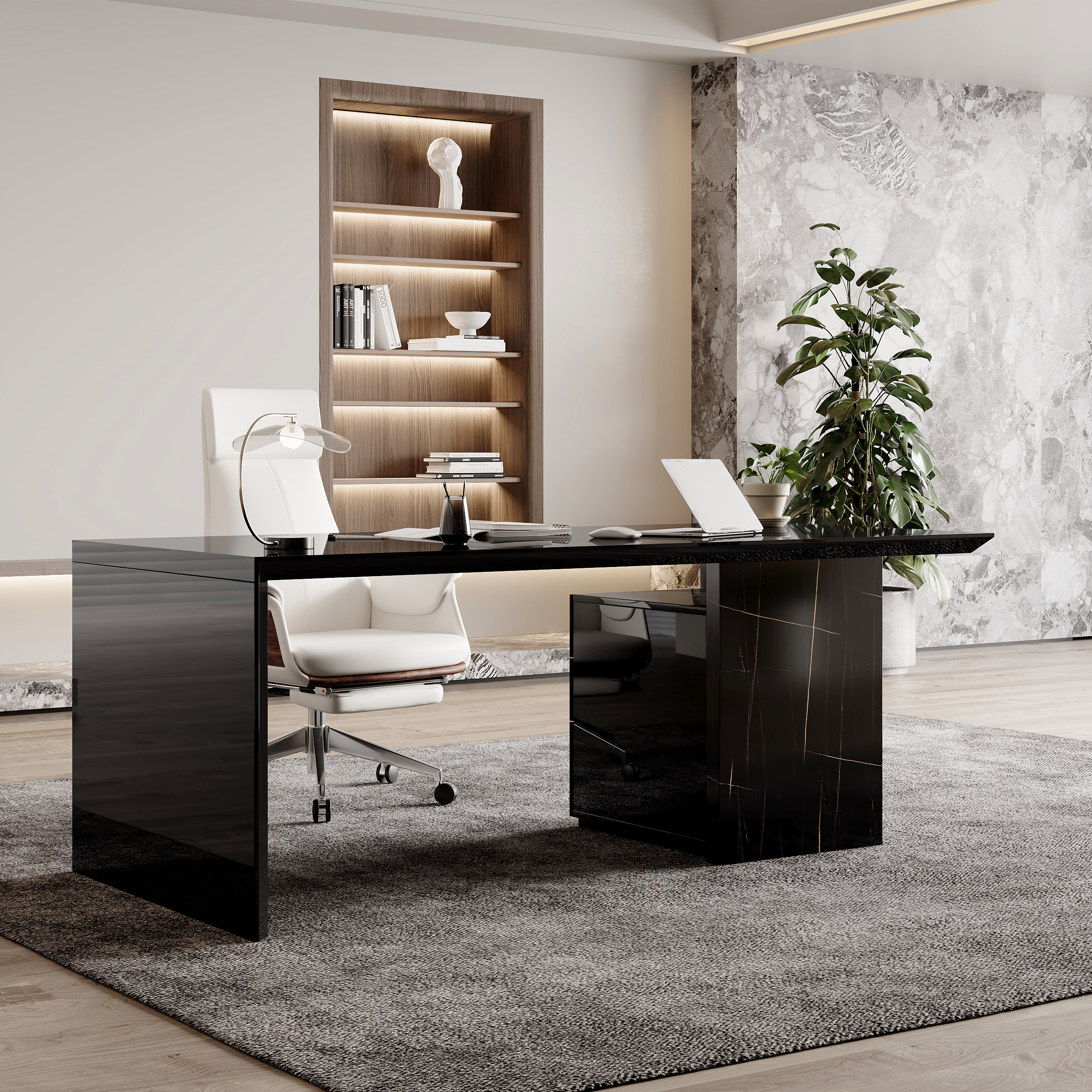 Modern Glossy Black Wooden Home Office Desk with Movable File Cabinet Office Furniture (150 cm)