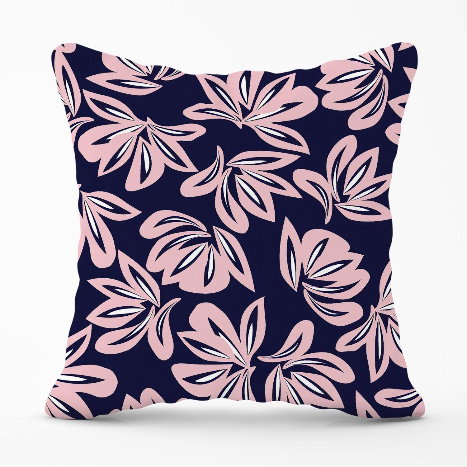Warren Reed - Designer Pink Navy Floral Botanical Pattern Outdoor Cushion