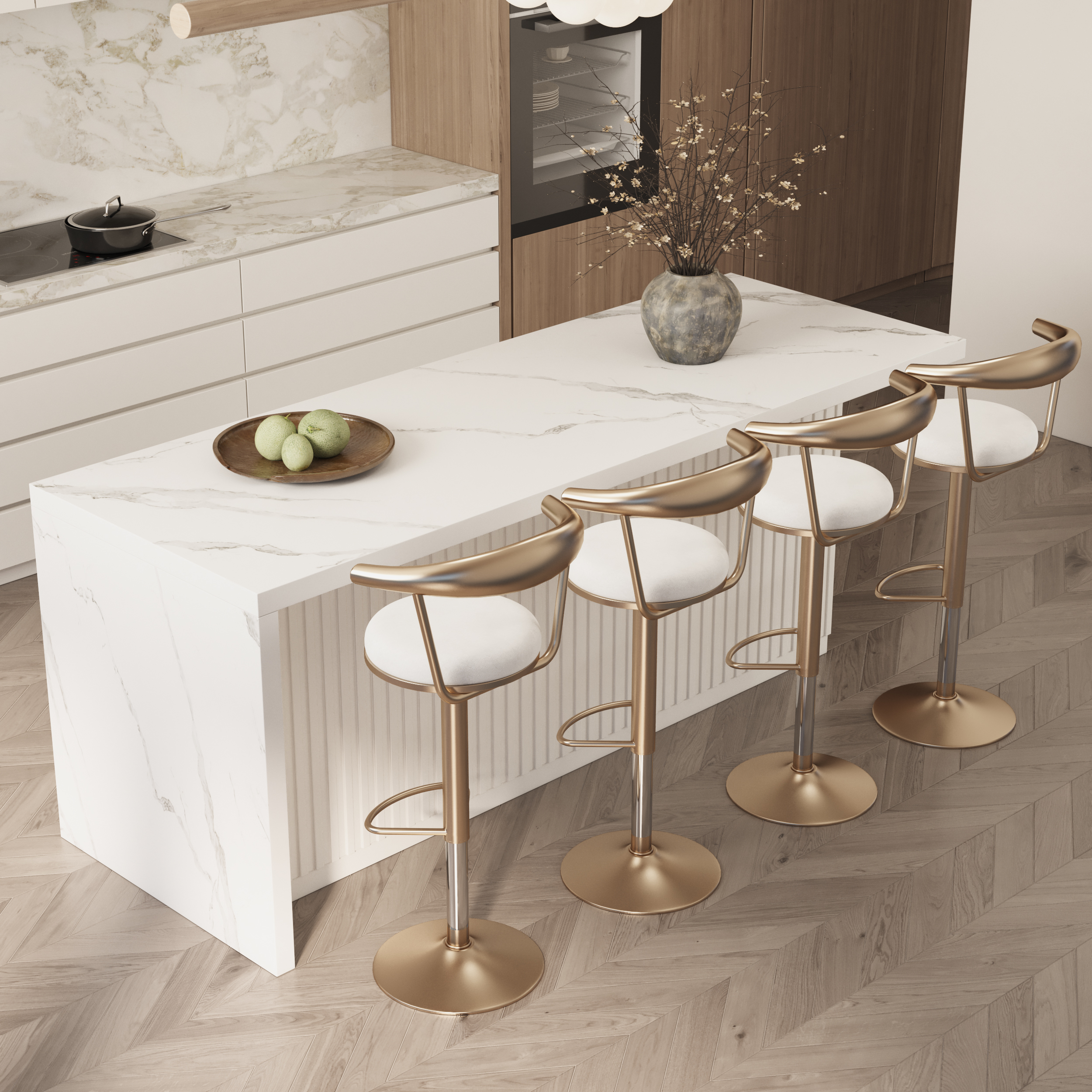 1830mm Large White Kitchen Island & 4 Bar Height Stools Set Adjustable & Swivel
