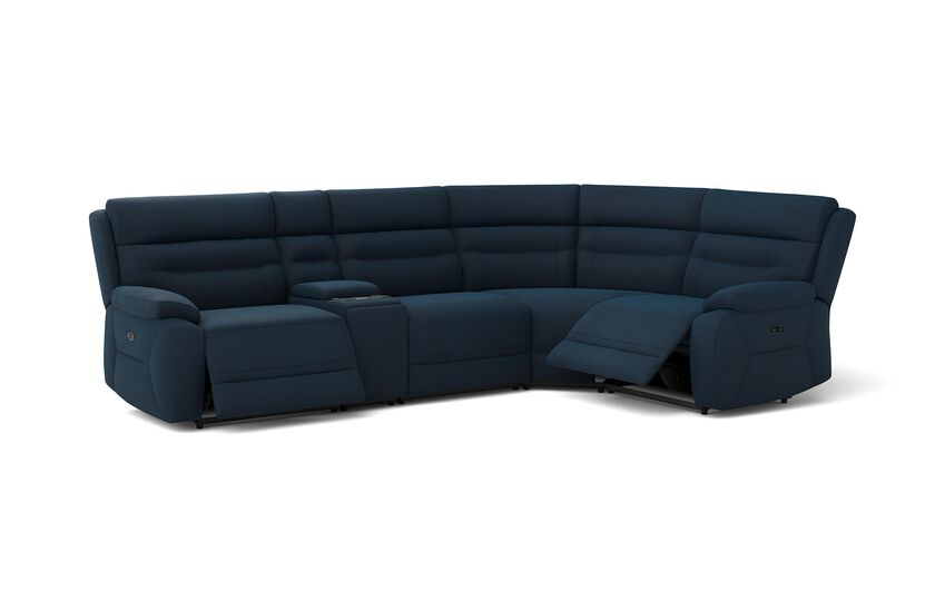 Blue Fabric Fenton 3 Corner 1 Power Recliner Sofa with Media Console