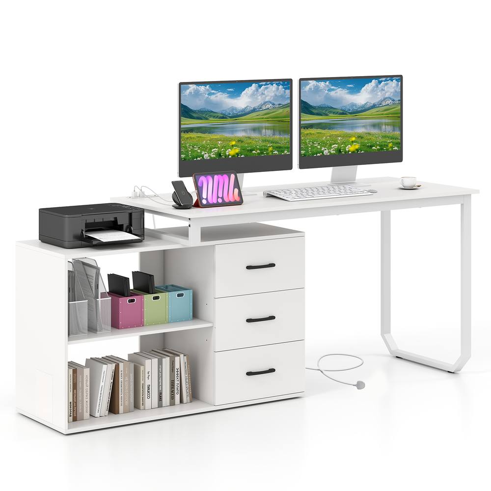 Costway 140cm Reversible L Shaped Desk w/ Power Outlet Study Writing Table in White