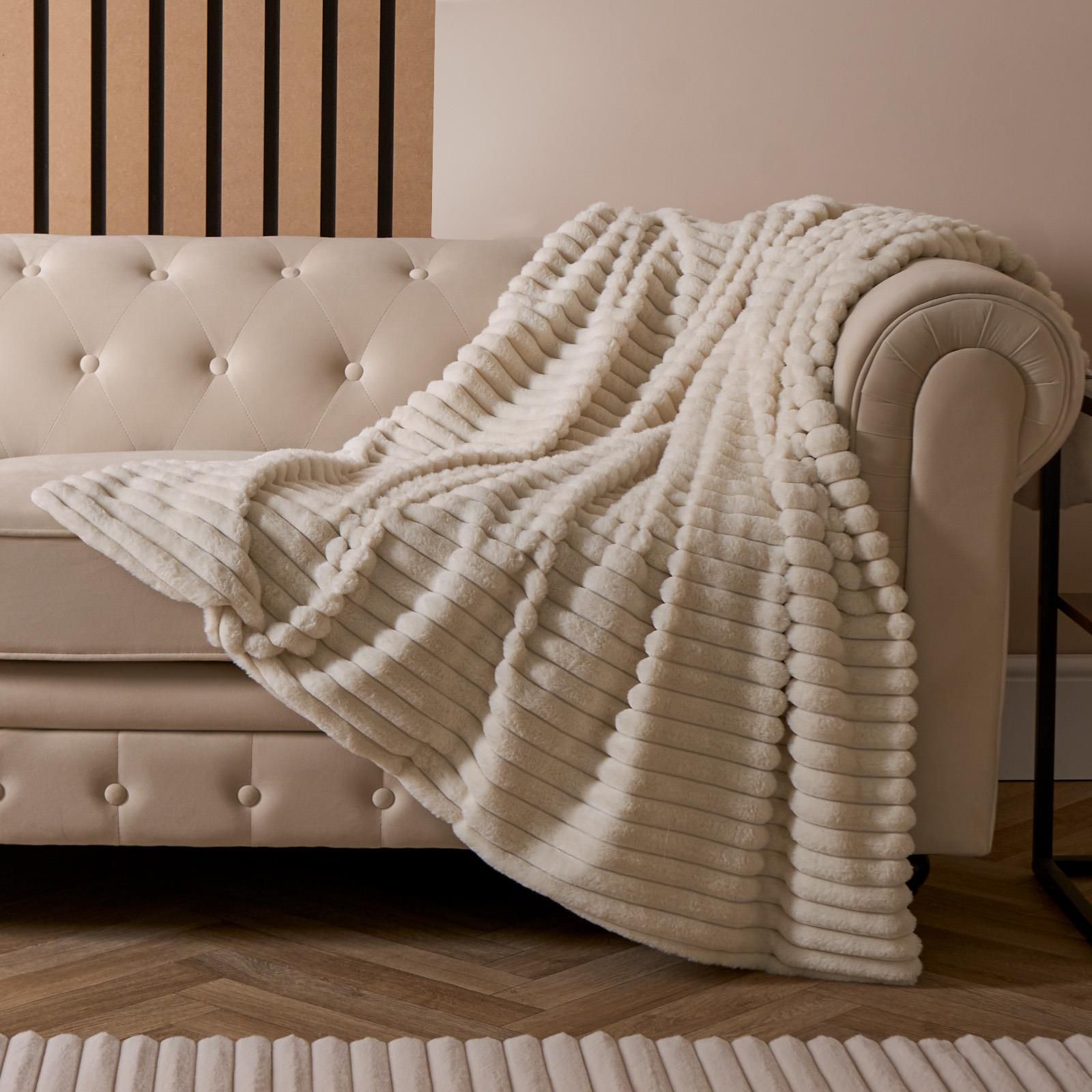 OHS Faux Fur Ribbed Fleece Throw Over Bed Blanket Winter Warm Supersoft in Natural