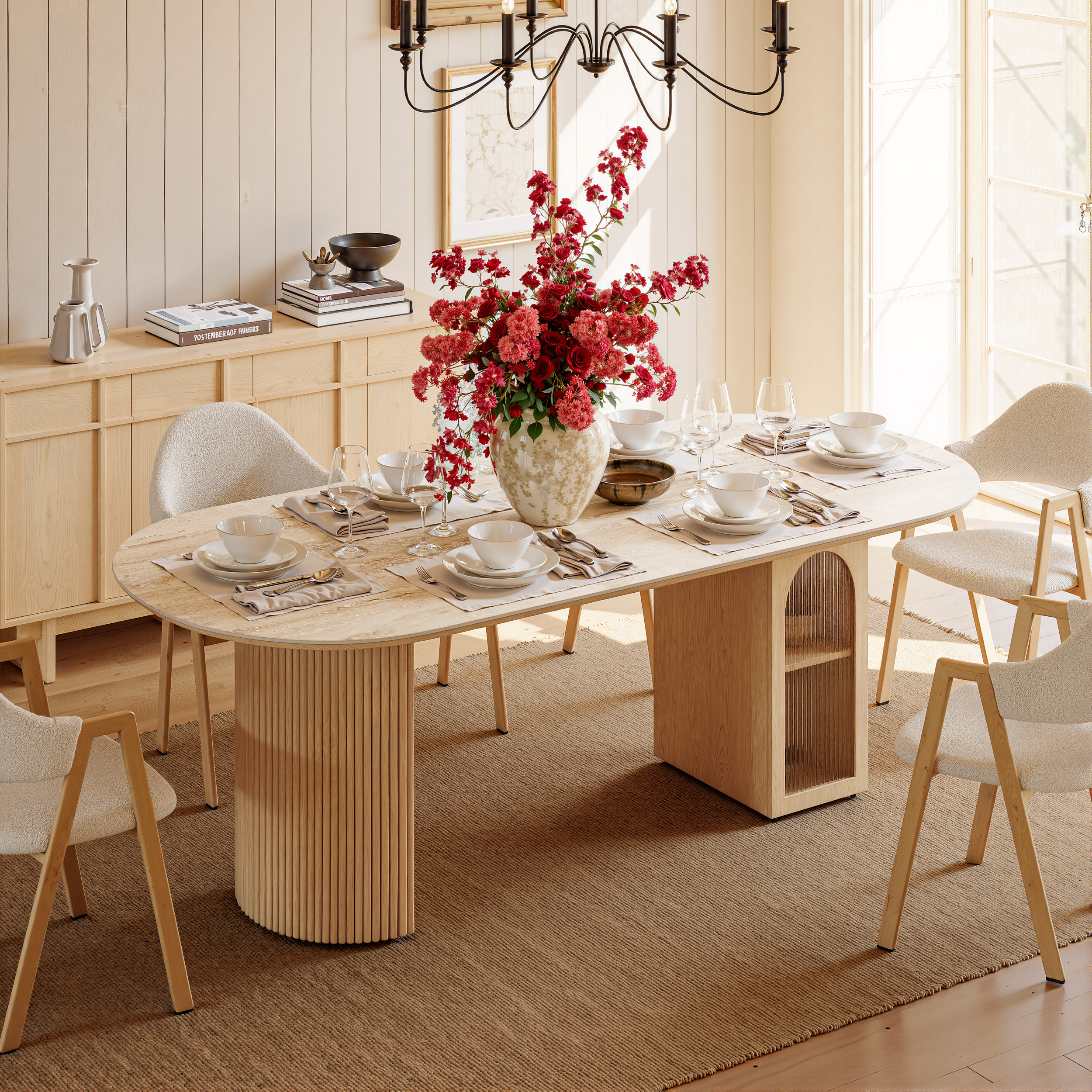180cm Faux Travertine Oval Dining Table with Fluted Base & Storage