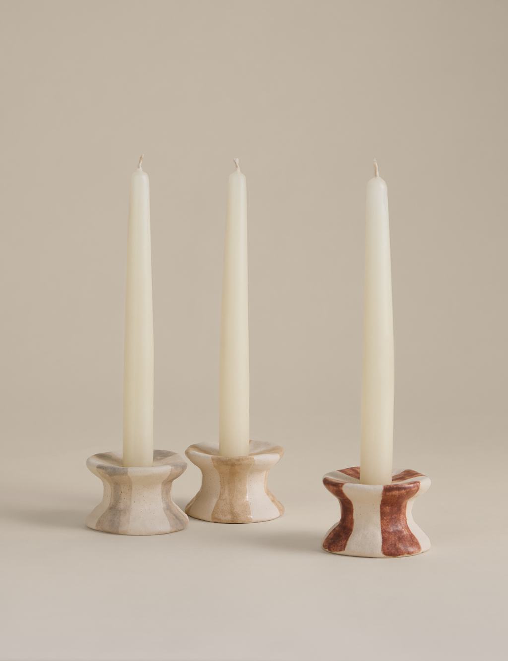 M&S 3 Pack Striped Ceramic Dinner Candle Holders Multi