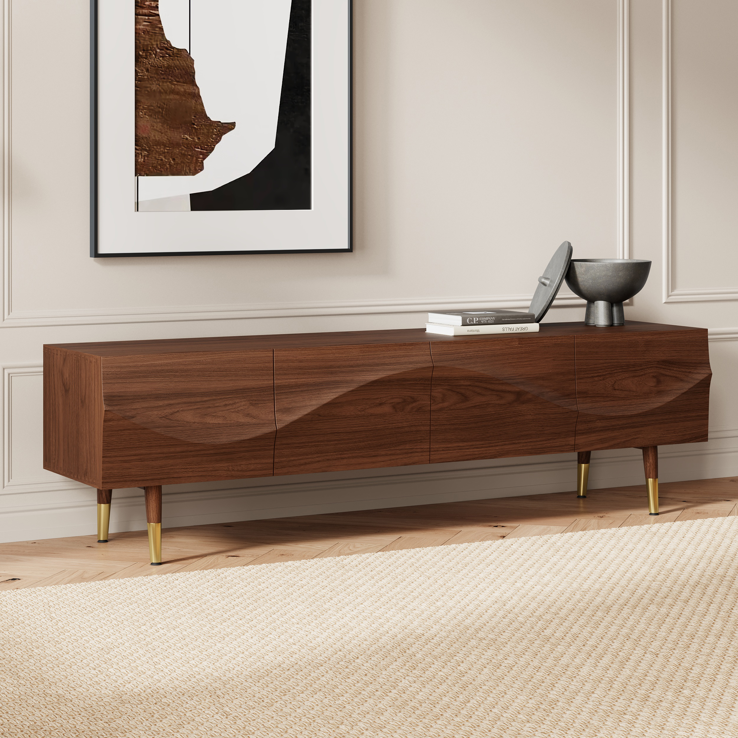 Lake Mid Century TV Stand with Wavy Design Walnut Storage Drawers for TVs Up to 190 cm