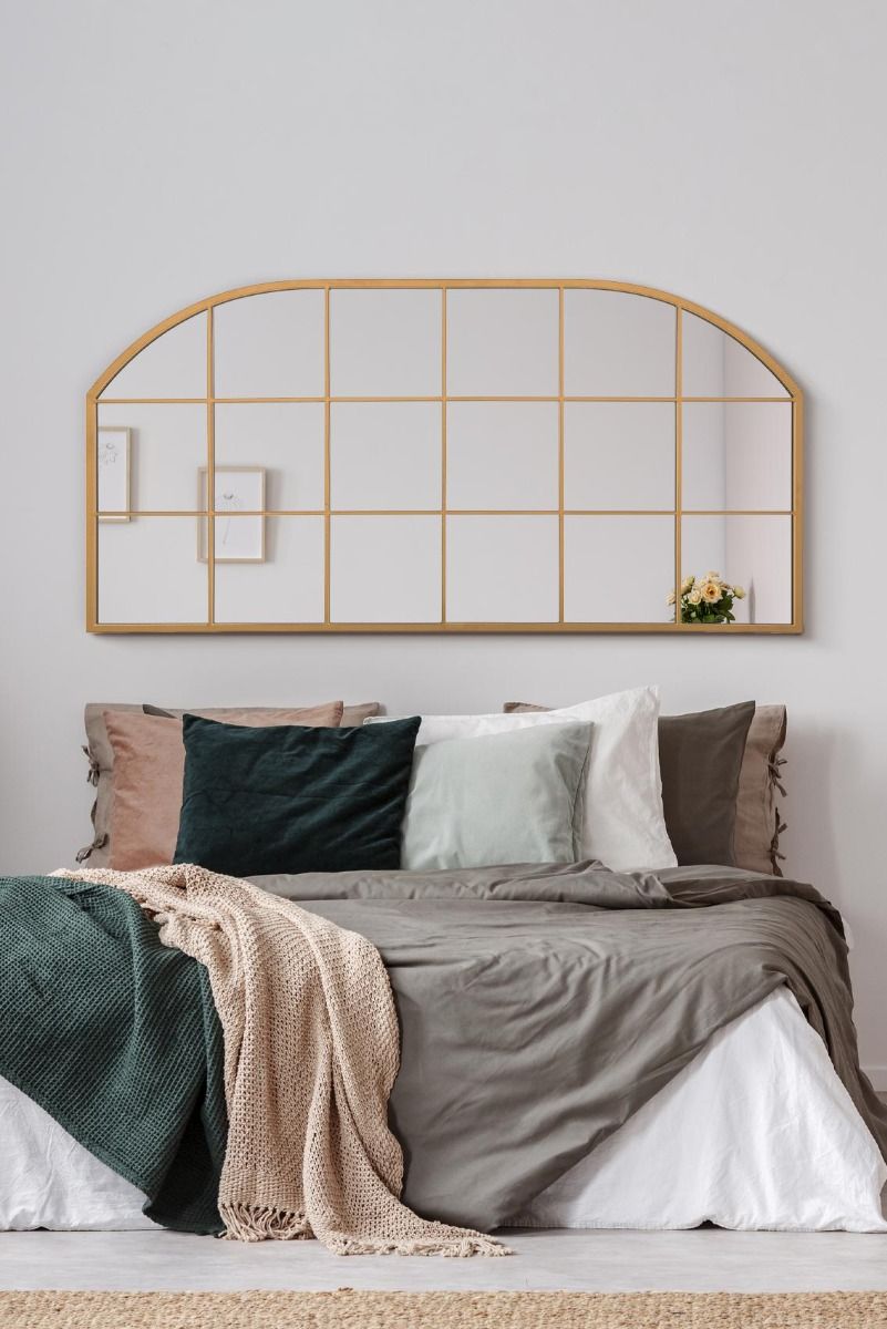 MirrorOutlet Gold Metal Framed Window Arched Wall Mirror 69" X 33" (174CM X 85CM)