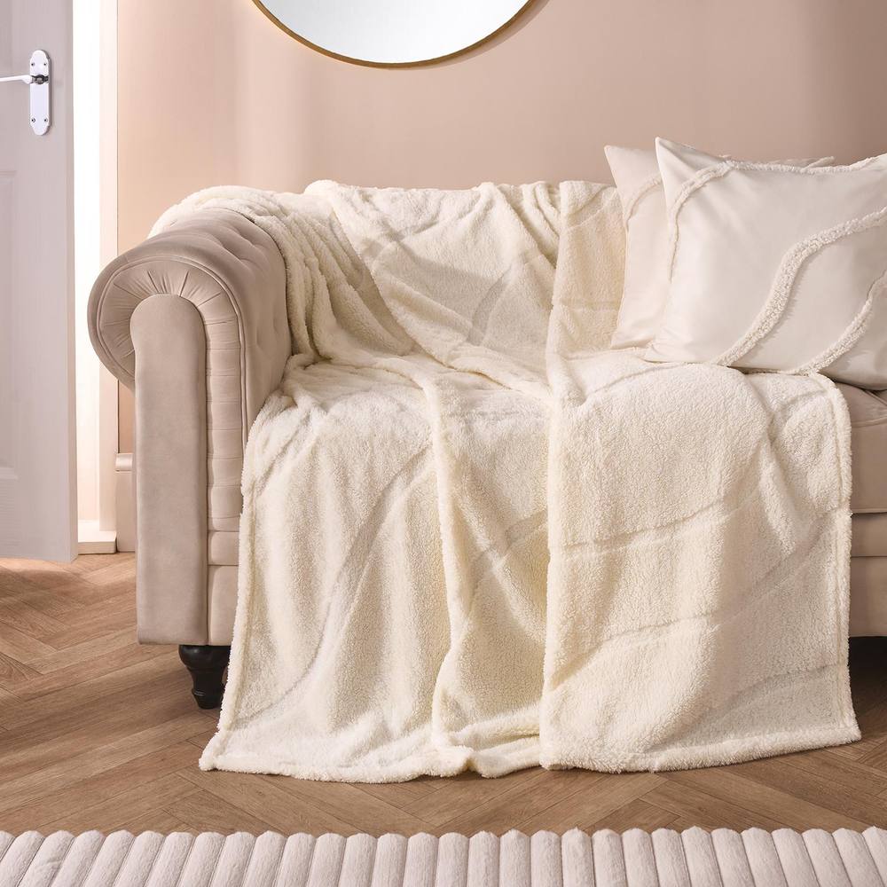 OHS Tufted Contour Throw Teddy Fleece Blanket Winter Soft Warm Bedspread in Ivory