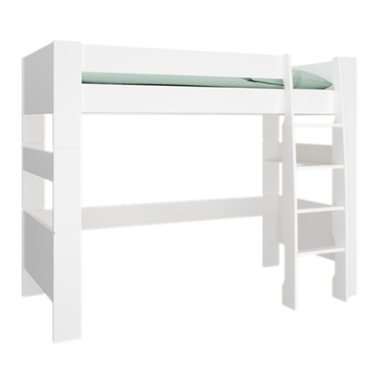 Pathos Wooden High Sleeper Bed In Pure White With Ladder
