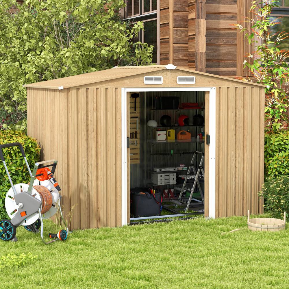 Costway 2.6 x 2M Outdoor Storage Shed Galvanized Steel Garden Tool House w/Lockable Door in Natural