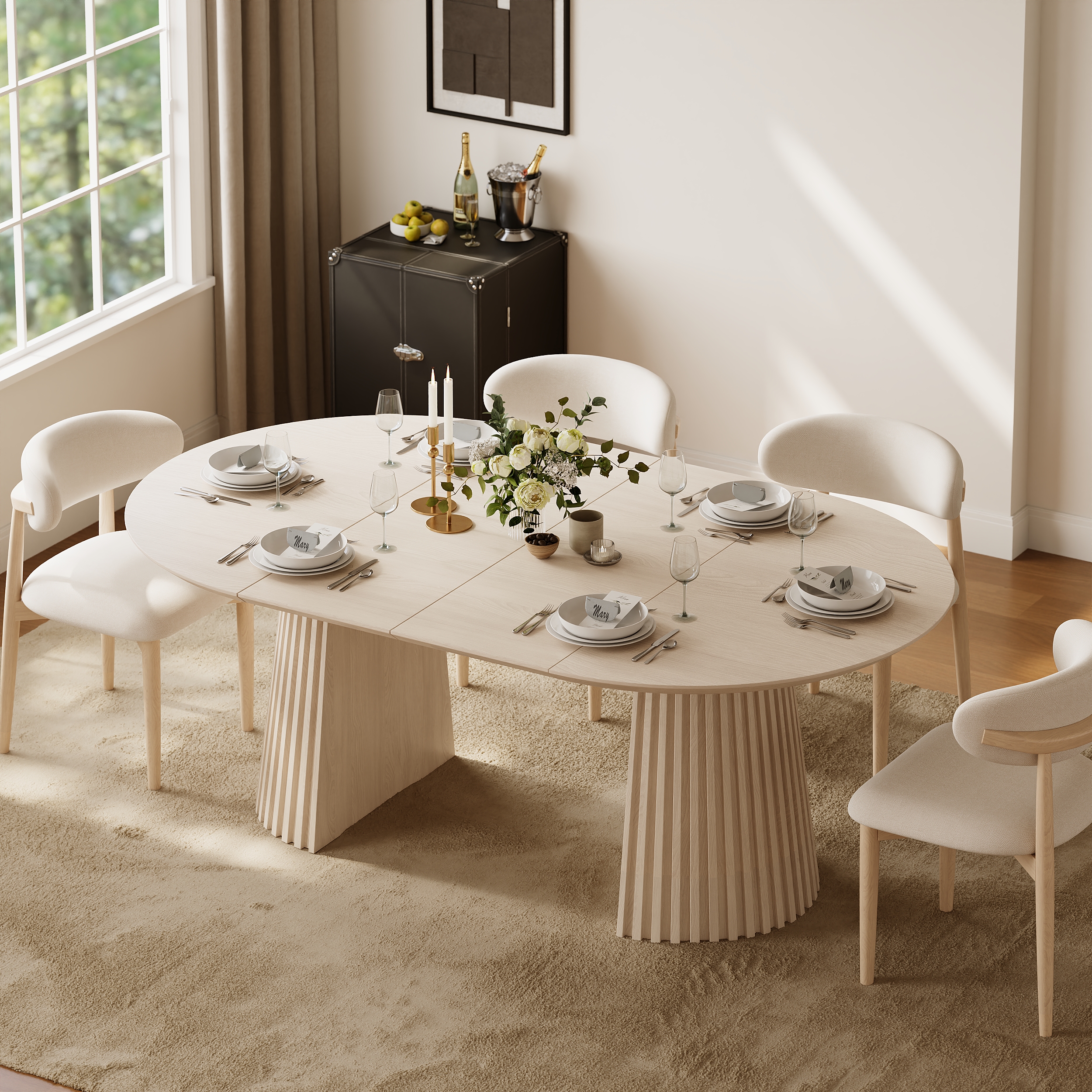 119 cm - 200 cm Extendable Round-to-Oval Wooden Dining Table with Fluted Base, Seats 4-6