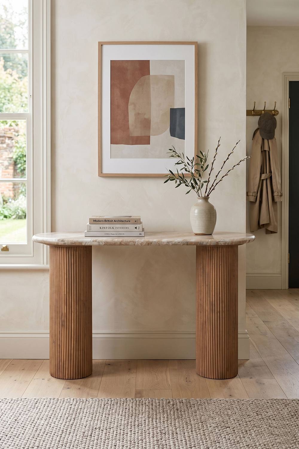 IH Design Upton Natural Marble & Wood Pedestal Console Table in Brown