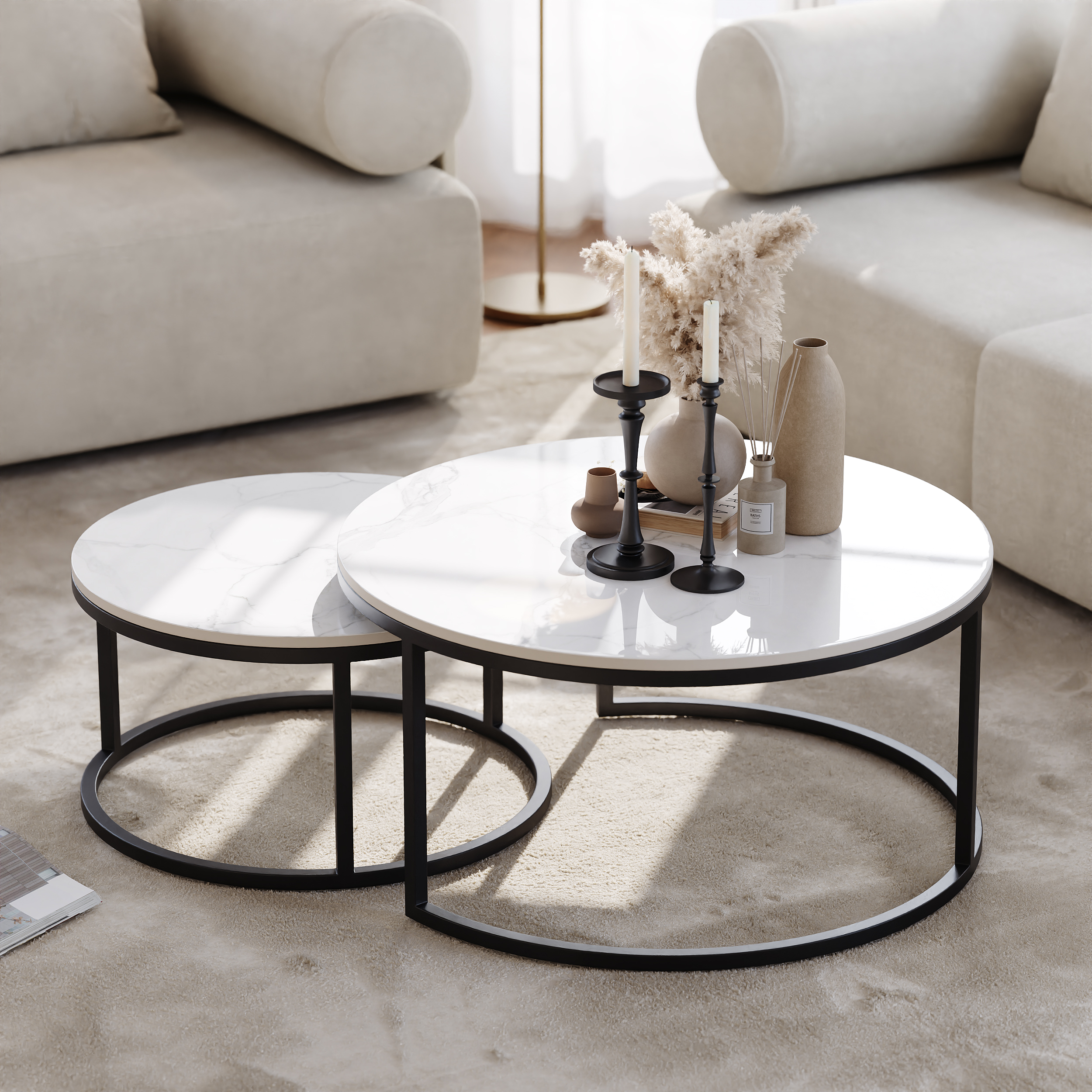 Round Sinterstone and Metal Coffee Table Set in White and Black with Nesting Design, 80 cm Modern Living Room Table