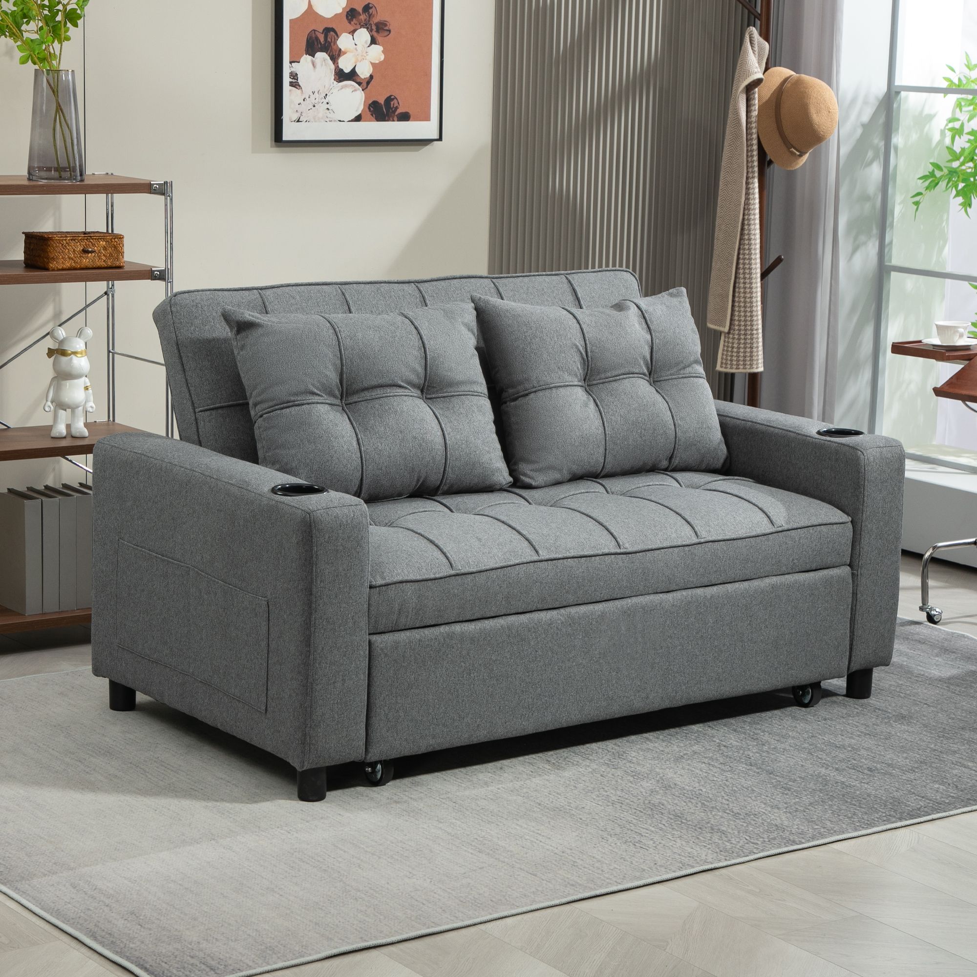 HOMCOM 2 Seater Pull Out Sofa Bed with Pockets for Living Room in Dark Grey
