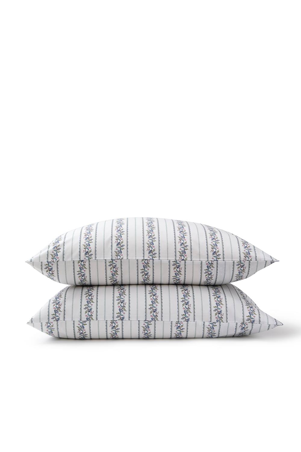 CHRISTY 'Clara' Jacobean Floral Striped Percale Standard Pillowcase Pair in Blue