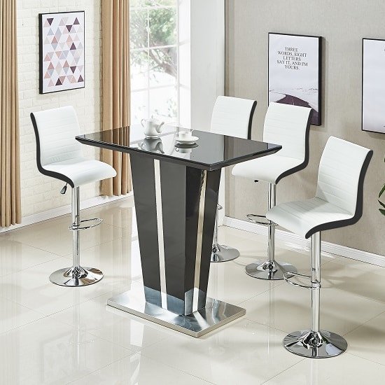 Memphis Glass Bar Table High Gloss Black 4 Ritz White Stools