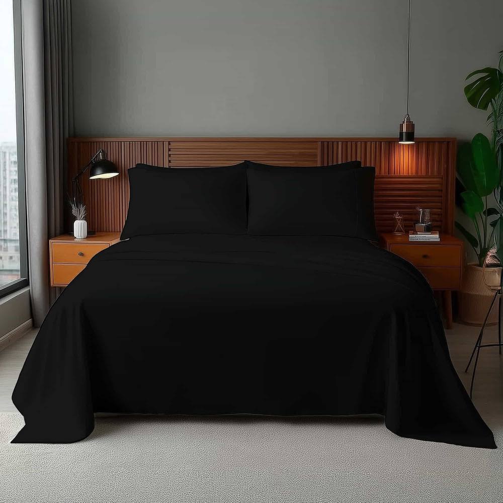 Snug City Microfibre Soft Touch Flat Sheet Plain Dyed Bed Linen in Black