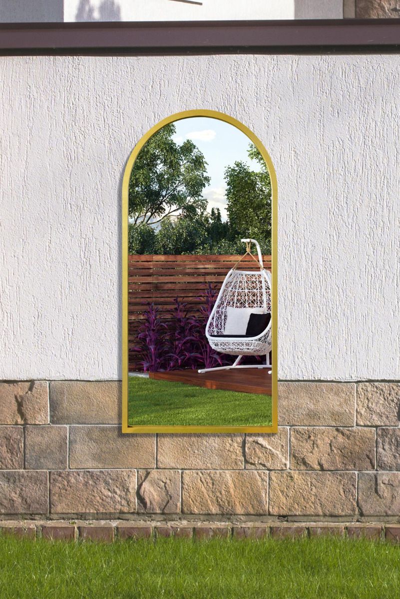 MirrorOutlet Gold Metal Framed Arched Garden Wall Mirror 47" X 23.5" (120 X 60CM)
