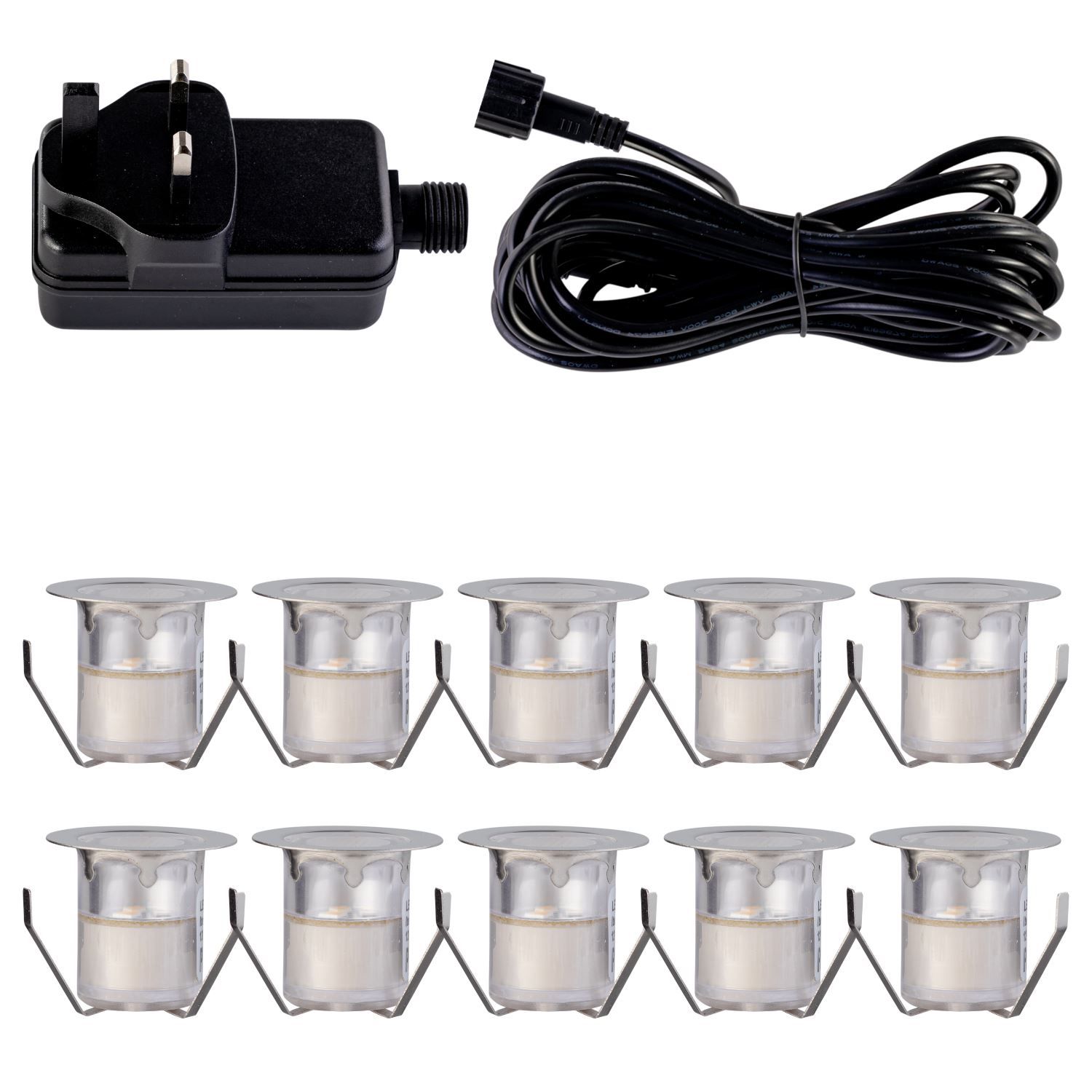 First Choice Lighting Set of 10 - 30mm Stainless Steel IP67 Warm White LED Decking Kit in Silver