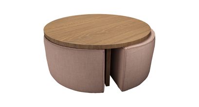 Woody Coffee Table and Nesting Stool Set in Blush Pure Belgian Linen - sofa.com