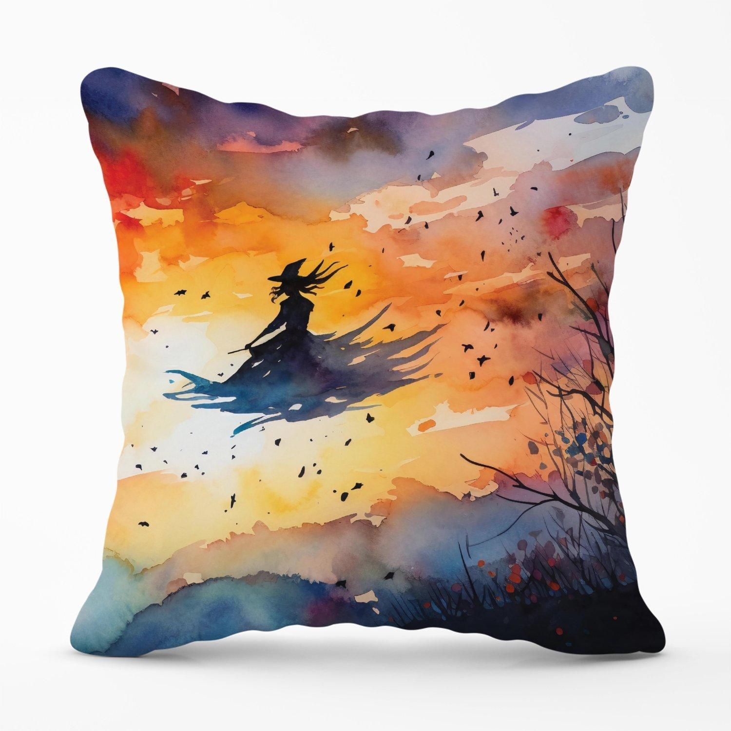 Warren Reed - Designer A Mesmerizing Watercolor Artwork Featuring A Graceful Witch Outdoor Cushion in Orange