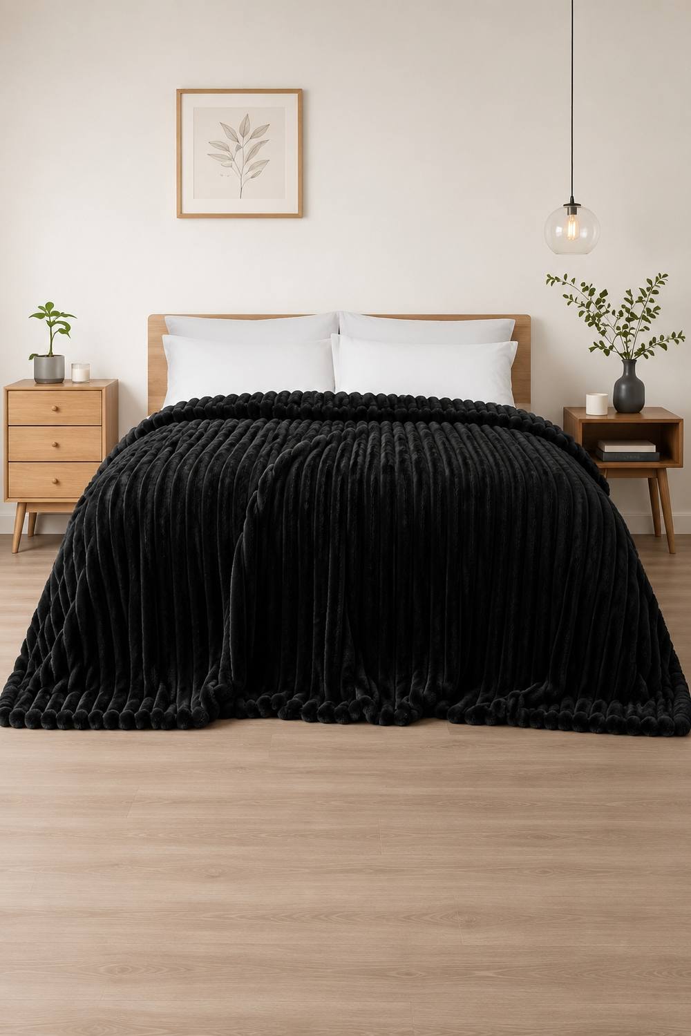 Dyzi Ribbed Jacquard Fleece Bed Blanket Throw 200x240cm Black