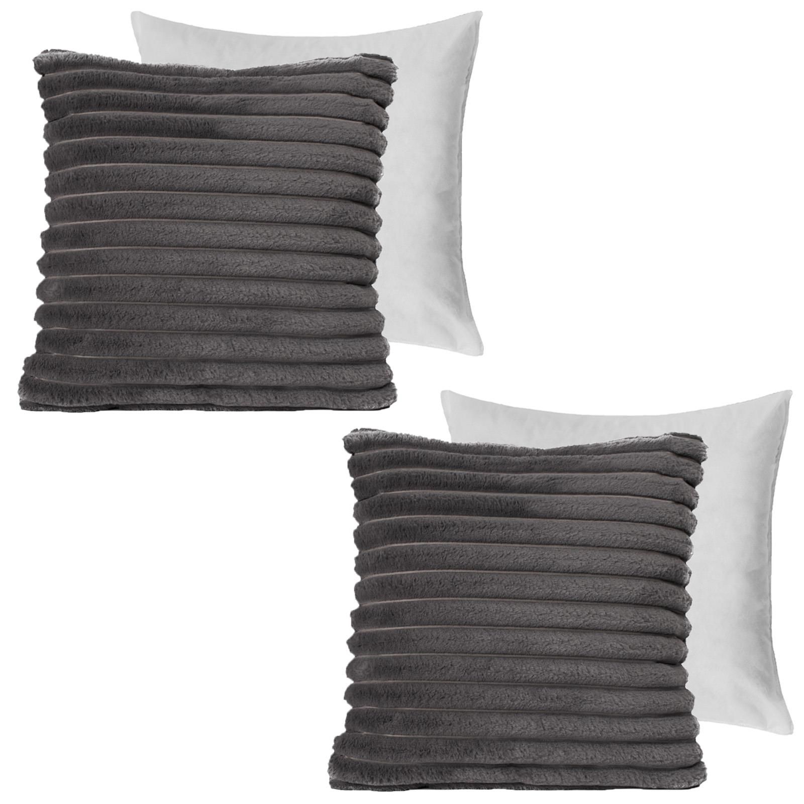 OHS 2 x Faux Fur Thick Rib Filled Cushion Covers in Charcoal