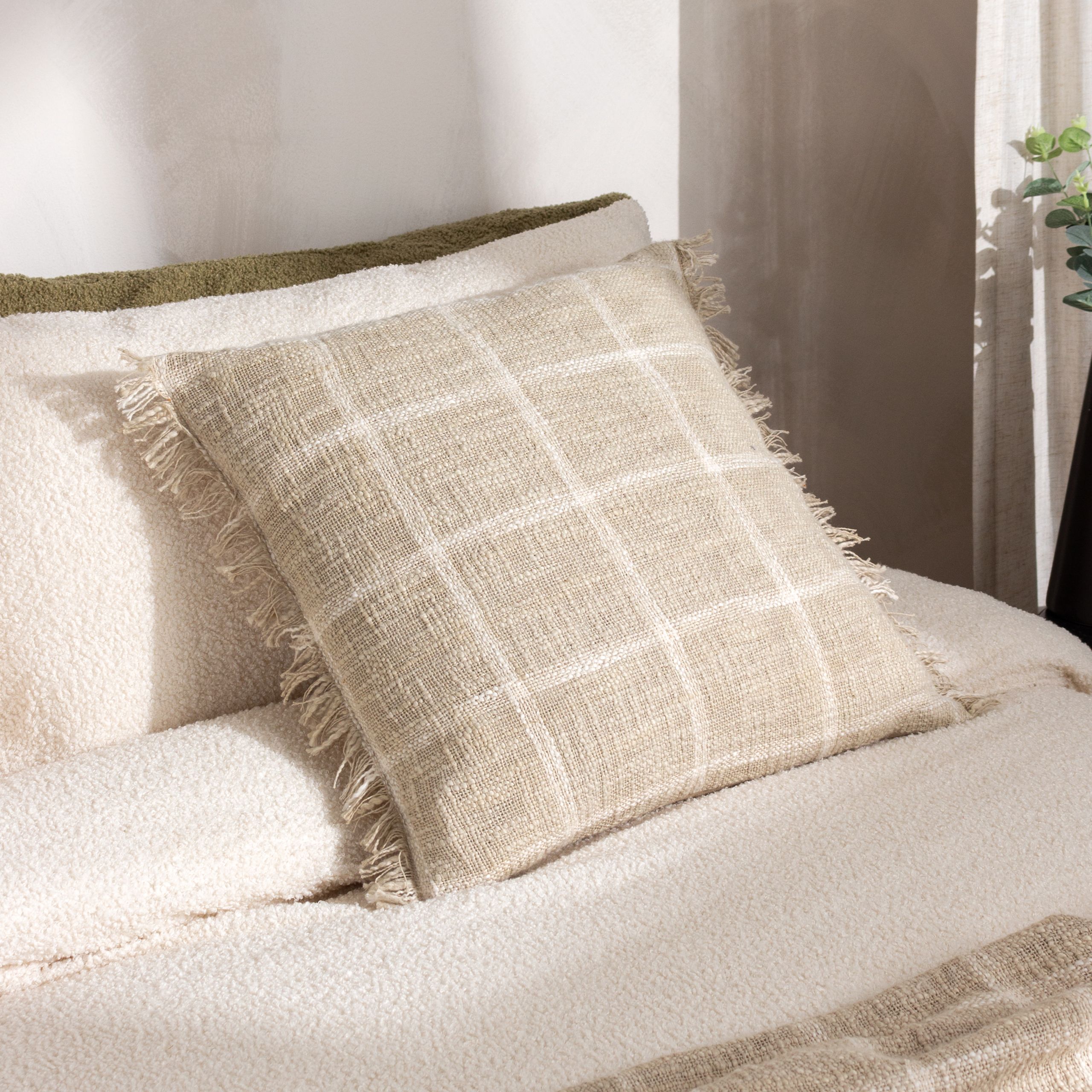 Yard Beni Check 100% Cotton Fringed Cushion in Stone
