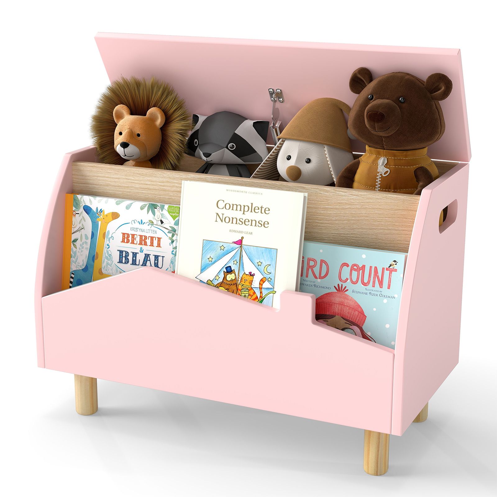 Costway Toy Storage Chest Bookcase Wooden Toy Box w/ Shelf in Pink