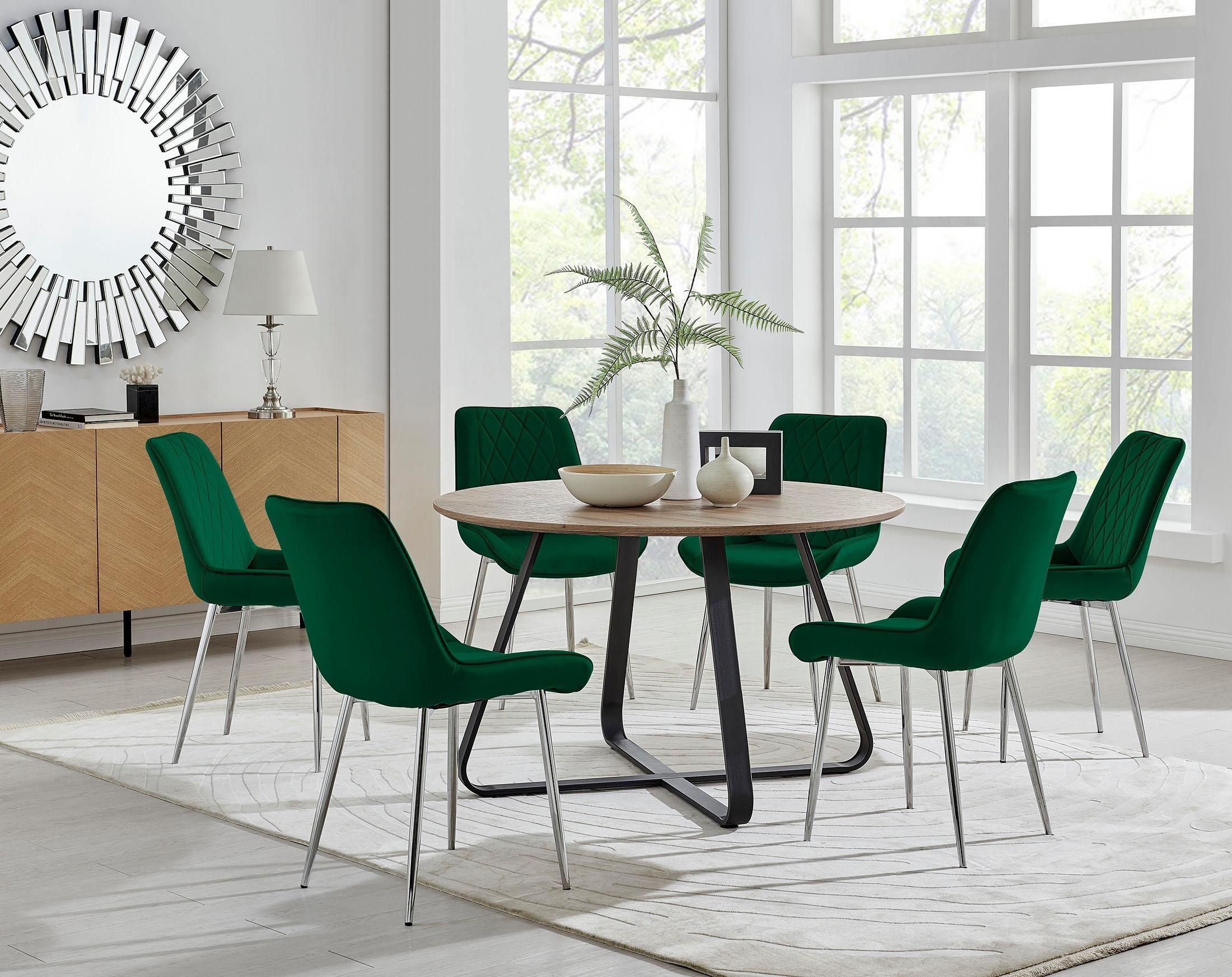 FurnitureboxUK Santorini Brown Round Dining Table & 4/6 Pesaro Silver Leg Chairs in Green