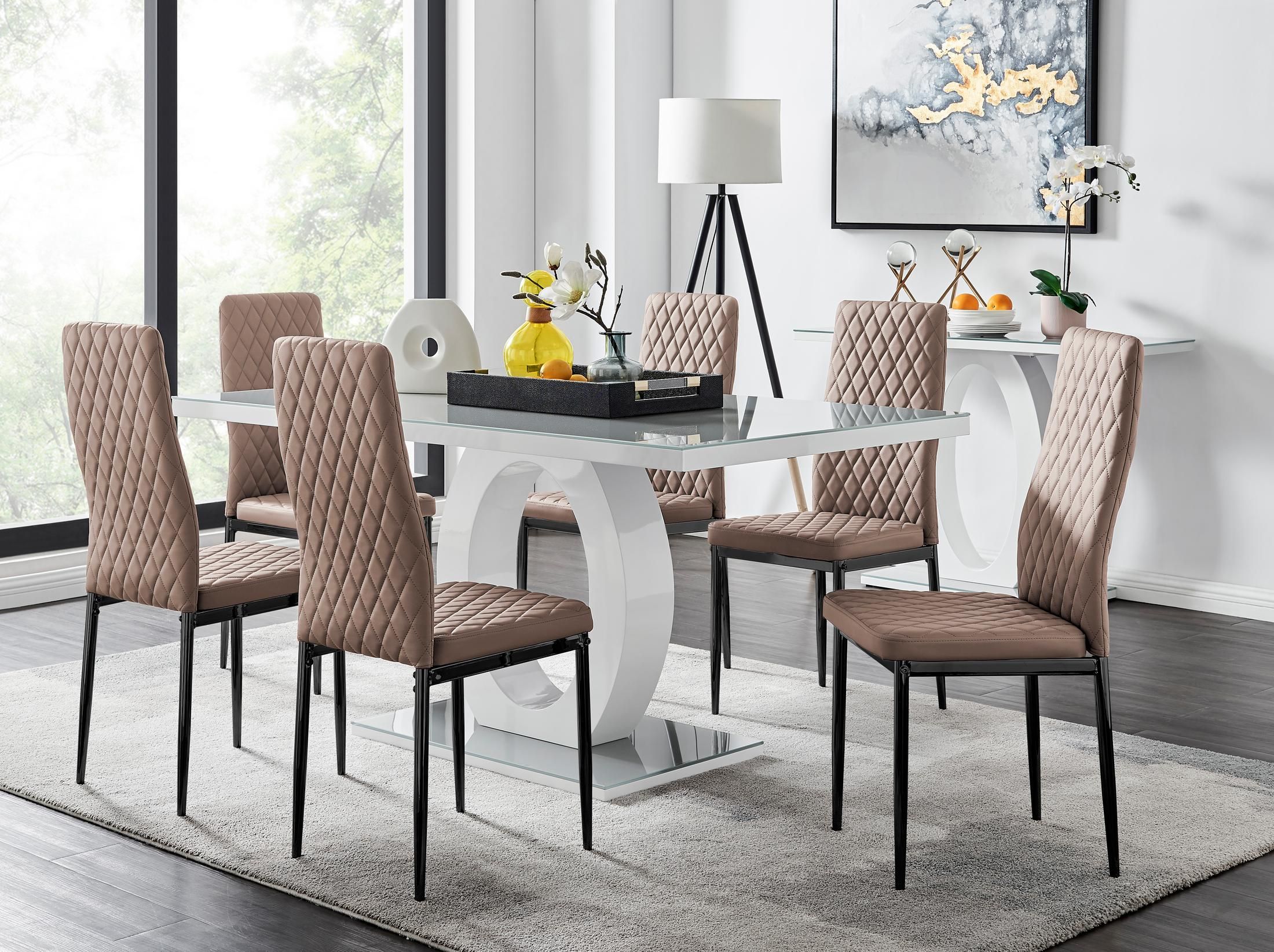 FurnitureboxUK Giovani 6-Seater Grey Glass Dining Table & 6 Milan Faux Leather Dining Chairs in Beige