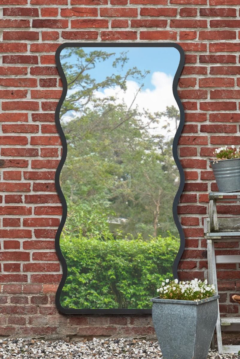 MirrorOutlet Black Metal Rectangular Wavy Framed Garden Wall Mirror (170 X 80CM)