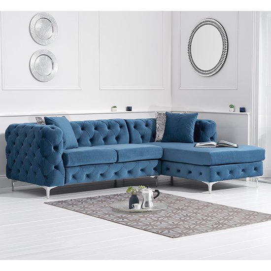 Bruket Velvet Right Handed Chaise Corner Sofa In Blue