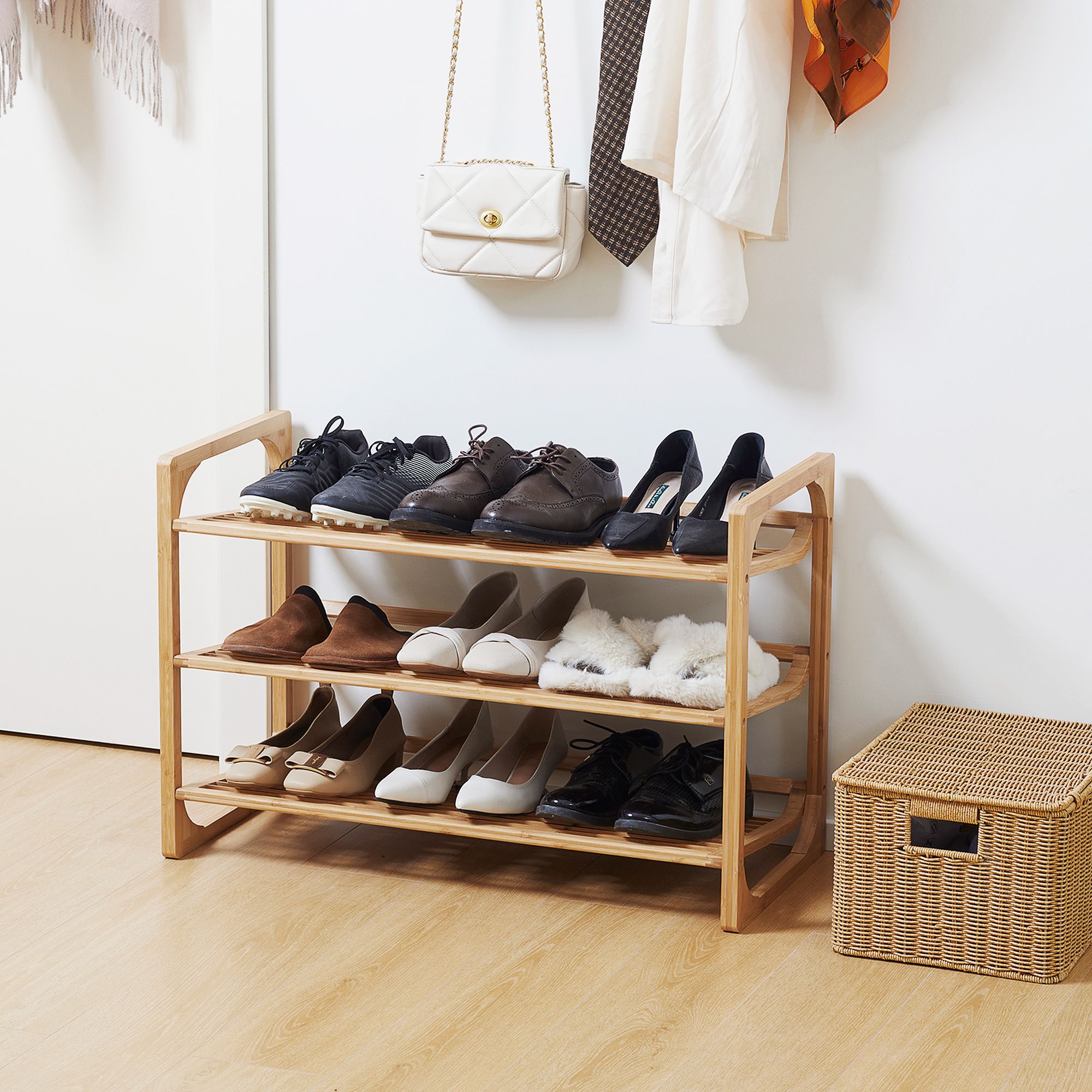 HOMCOM 3-Tier Bamboo Shoe Rack Storage Organiser with Slatted Shelves in Natural